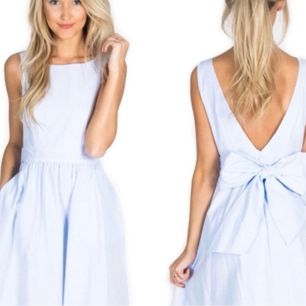 Lauren James Blue Backless Seersucker back Bow Sundress